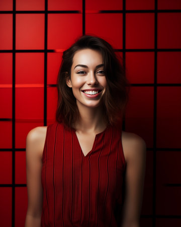 Beauty portrait Portrait of beautiful young woman looking at camera while standing against red background : Generative AIの素材