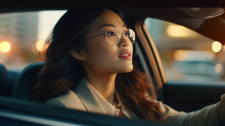 Businesswoman driving car Rear view of confident young businesswoman driving car and looking over shoulder : Generative AIの素材
