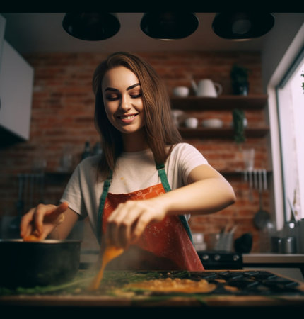 Cheerful young woman cooking at the domestic kitchen : Generative AIの素材
