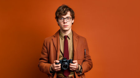 Can I take a picture of you Handsome young man holding retro styled camera and looking camera while standing against red background : Generative AIの素材