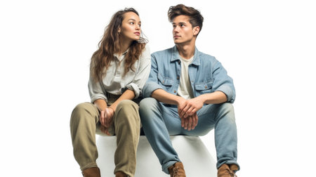 Beautiful young couple in denim clothes bonding while sitting against grey background together : Generative AIの素材