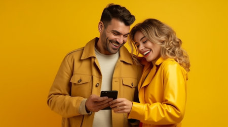 Beautiful senior woman peeking her husband while he using smart phone against orange background : Generative AIの素材