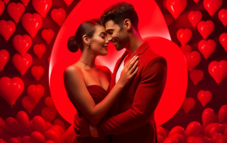 Best Valentines Day Beautiful young couple embracing and smiling while standing in the bedroom full of balloons : Generative AIの素材