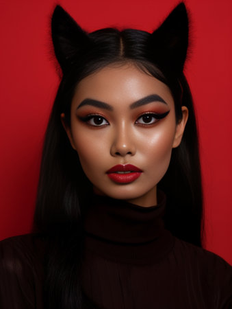 Beauty portrait Portrait of beautiful young woman looking at camera while standing against red background : Generative AIの素材