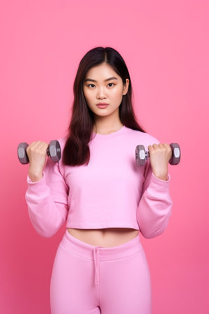 Concentrated young woman in sports clothing exercising with dumbbells against pink background : Generative AIの素材