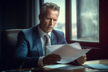 Businessman examining contract Thoughtful mature man in formalwear holding hand on chin while examining document and sitting at working place : Generative AIの素材