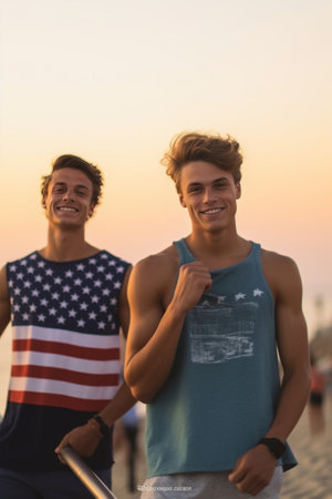 Born to be free Cheerful young people carrying American flag while running along the beach together : Generative AIの素材