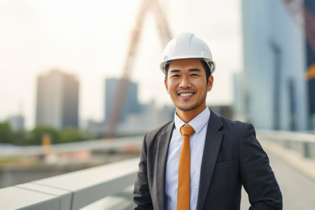 Confident contractor Confident mature man in formal wear and hardhat keeping arms crossed and looking at camera while standing outdoors : Generative AIの素材