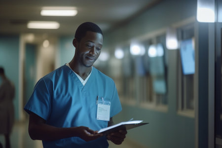 Concentrated young African man in medical scrubs using digital tablet while working in the hospital : Generative AIの素材
