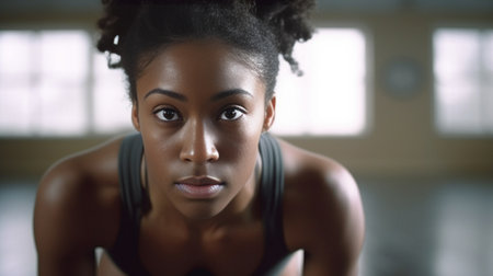 Concentrated young African woman exercising with kettlebell while dumbbell laying on foreground : Generative AIの素材