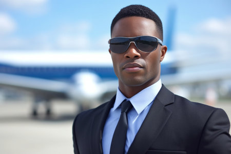 Confident pilot Confident African pilot in uniform adjusting his eyeglasses and smiling while standing against grey background : Generative AIの素材