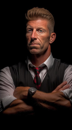 Businessman checking the time Confident mature man in formalwear checking the time while looking at his watch and standing against grey background : Generative AIの素材