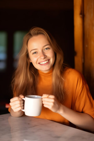 Coffee after hard work Cheerful blond hair woman giving a cup of coffee to handyman : Generative AIの素材