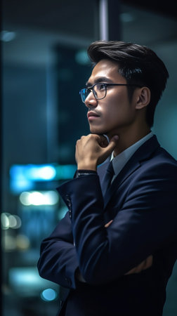 Calm and handsome Handsome young businessman in glasses looking away and keeping hands clasped while standing in office : Generative AIの素材