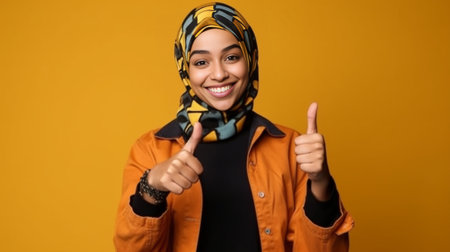 Attractive young woman in bandana looking at camera and gesturing : Generative AIの素材