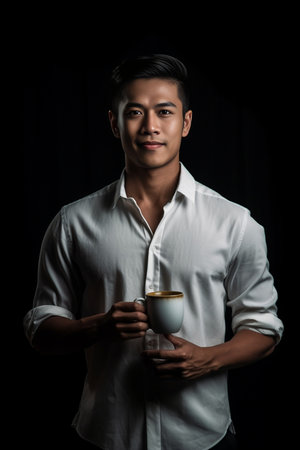 Confident young man in apron wearing protective face mask and holding coffee cup while standing against gray background : Generative AIの素材