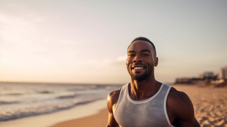 Breathe deep and keep on running Frustrated young muscular man resting after running while standing at the seaside : Generative AIの素材