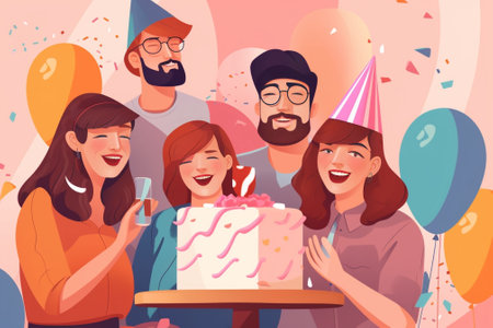 Cheerful young people holding birthday cake while congratulating their surprised friend : Generative AIの素材
