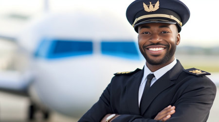 Confident pilot Confident African pilot in uniform adjusting his eyeglasses and smiling while standing against grey background : Generative AIの素材