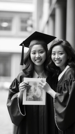 Capturing happy moments Two happy women in graduation gowns making selfie and smiling while two men standing in the background : Generative AIの素材