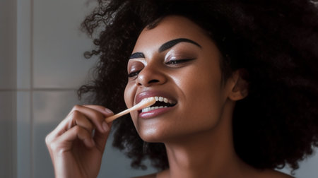 Cleaning her teeth with floss Beautiful young African woman cleaning her teeth with dental floss and smiling : Generative AIの素材