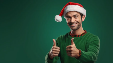 Are you ready to party Handsome young man in sunglasses and Santa hat pointing you and smiling while standing against black background : Generative AIの素材