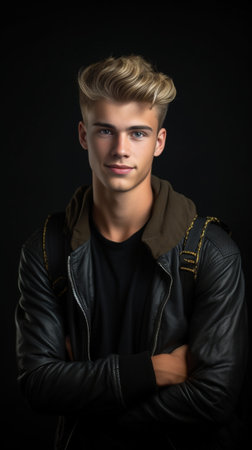 Charming young man carrying jacket on shoulder while standing against grey background : Generative AIの素材