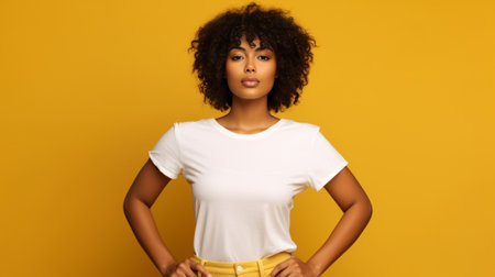 Beautiful young African woman in casual clothing looking at camera and smiling while standing against yellow background : Generative AIの素材