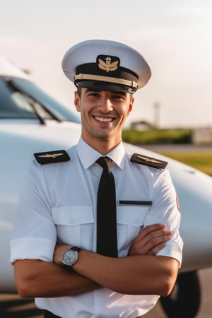 Confident pilot Confident male pilot in uniform keeping arms crossed and smiling with airplane in the background : Generative AIの素材
