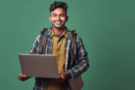 Always ready to help Confident young Indian man holding laptop and smiling while standing against white background : Generative AIの素材