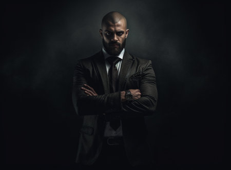 Confident in his style Handsome young man in full suit keeping arms crossed and looking at camera while standing against grey background : Generative AIの素材