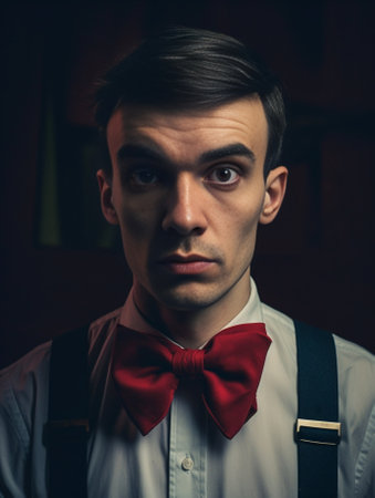 Closeup on nerd Cropped image of young nerd man in bow tie and suspenders smiling while standing against grey background : Generative AIの素材