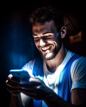 Confident young man smiling while using smart phone in the dark : Generative AIの素材
