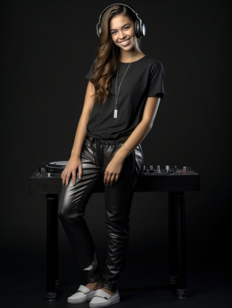 Attractive stylish young woman listening music and smiling while standing against grey background : Generative AIの素材