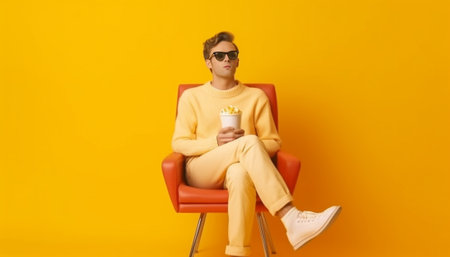 Bad movie Angry young man in casual clothing eating popcorn while watching movie at home : Generative AIの素材