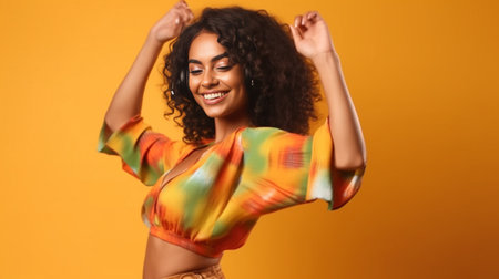 Attractive African woman in fluffy jacket dancing against colorful background : Generative AIの素材