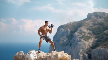 Confident muscular man doing morning exercises outdoors with the sea view on background : Generative AIの素材