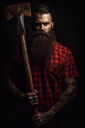 Confident lumberjack Confident young bearded man carrying a big axe on shoulder and looking at camera while standing against grey background : Generative AIの素材