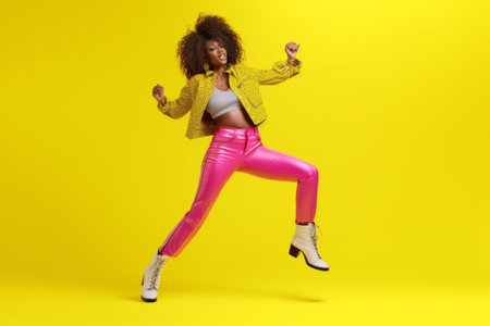 Attractive African woman in trendy clothes dancing against colorful background : Generative AIの素材