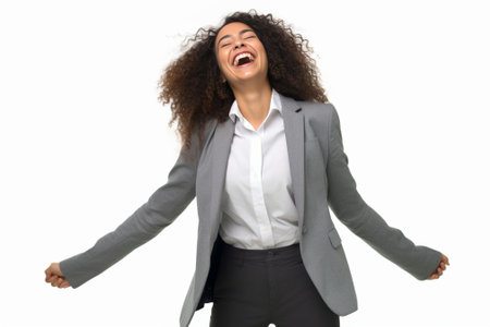 Announcing good news Happy young businesswoman in suit shouting and holding hands over mouth while standing against white background : Generative AIの素材
