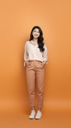 Beautiful perfection Full length of beautiful young Asian woman smiling and looking at camera while standing against grey background : Generative AIの素材