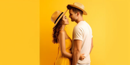 Beautiful young couple in eyeglasses embracing while standing against yellow background : Generative AIの素材