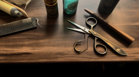 Barber tools Top view of barbershop tools lying on the wood grain : Generative AIの素材