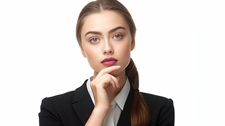 A little bit nervous about this business Nervous young businesswoman biting her nails while standing against white background : Generative AIの素材