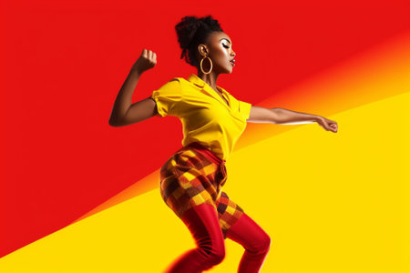 Attractive African woman in trendy clothes dancing against colorful background : Generative AIの素材