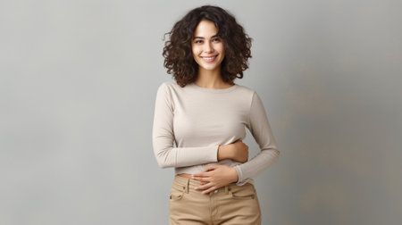 Confident woman Full length of beautiful young woman in casual wear keeping arms crossed and looking at camera with smile while standing against grey background : Generative AIの素材