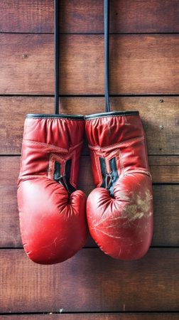 Boxing gloves Closeup of boxing gloves hanging on vintage wooden wall : Generative AIの素材