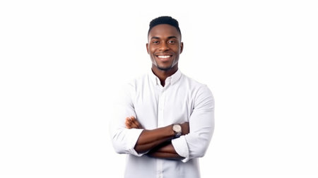 Advertising your product Happy young African man in formalwear holding large copy space and smiling while standing isolated on white background : Generative AIの素材