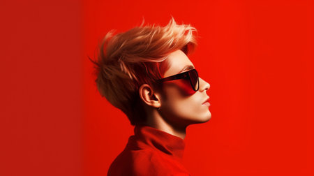 Attractive young short hair woman in trendy glasses looking at camera against red background : Generative AIの素材