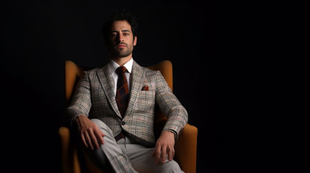 Charming man Handsome young man in full suit looking at camera and smiling while sitting on the stool : Generative AIの素材